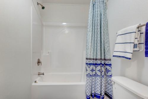 A bathroom with a blue and white shower curtain.